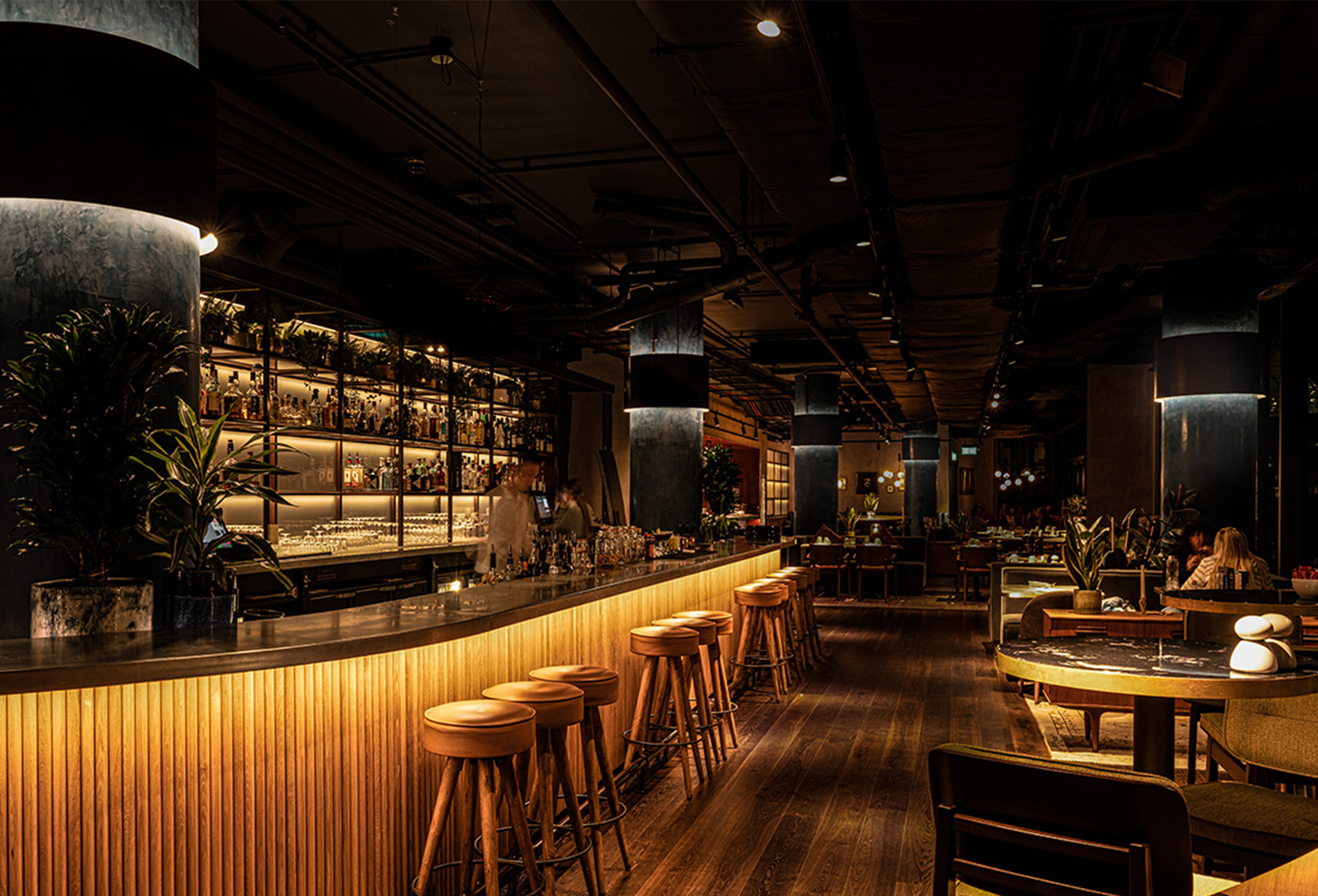 The Gantry London bar and restaurant interior featuring warm architectural LED lighting