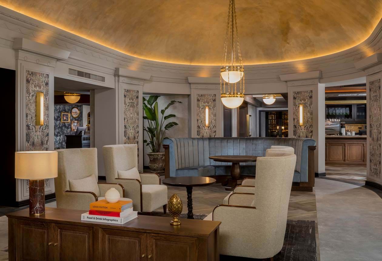 The Queens Hotel Leeds reception lobby featuring warm architectural LED lighting design