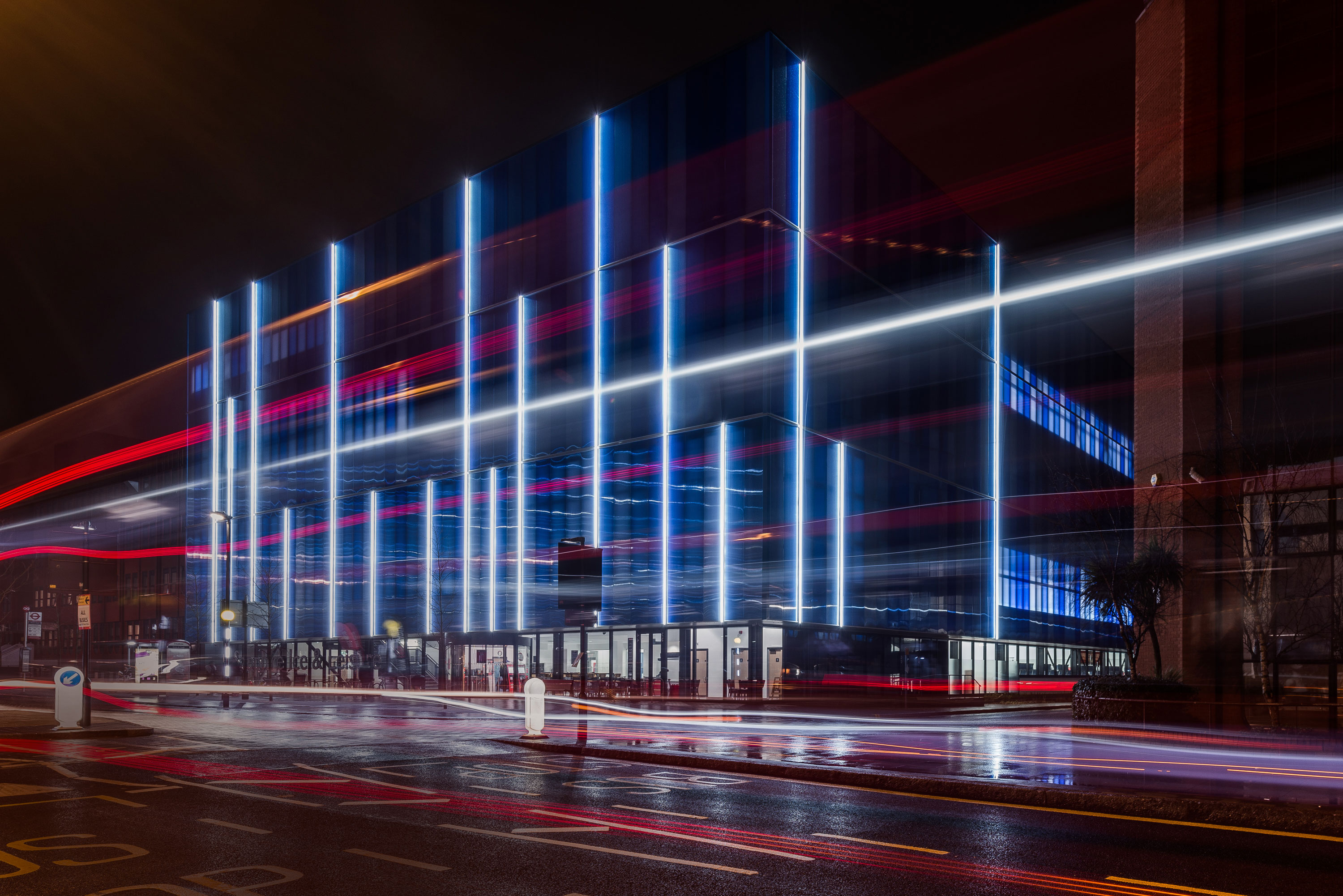 Sapphire Ice and Leisure Centre Romford featuring dynamic LED facade lighting design