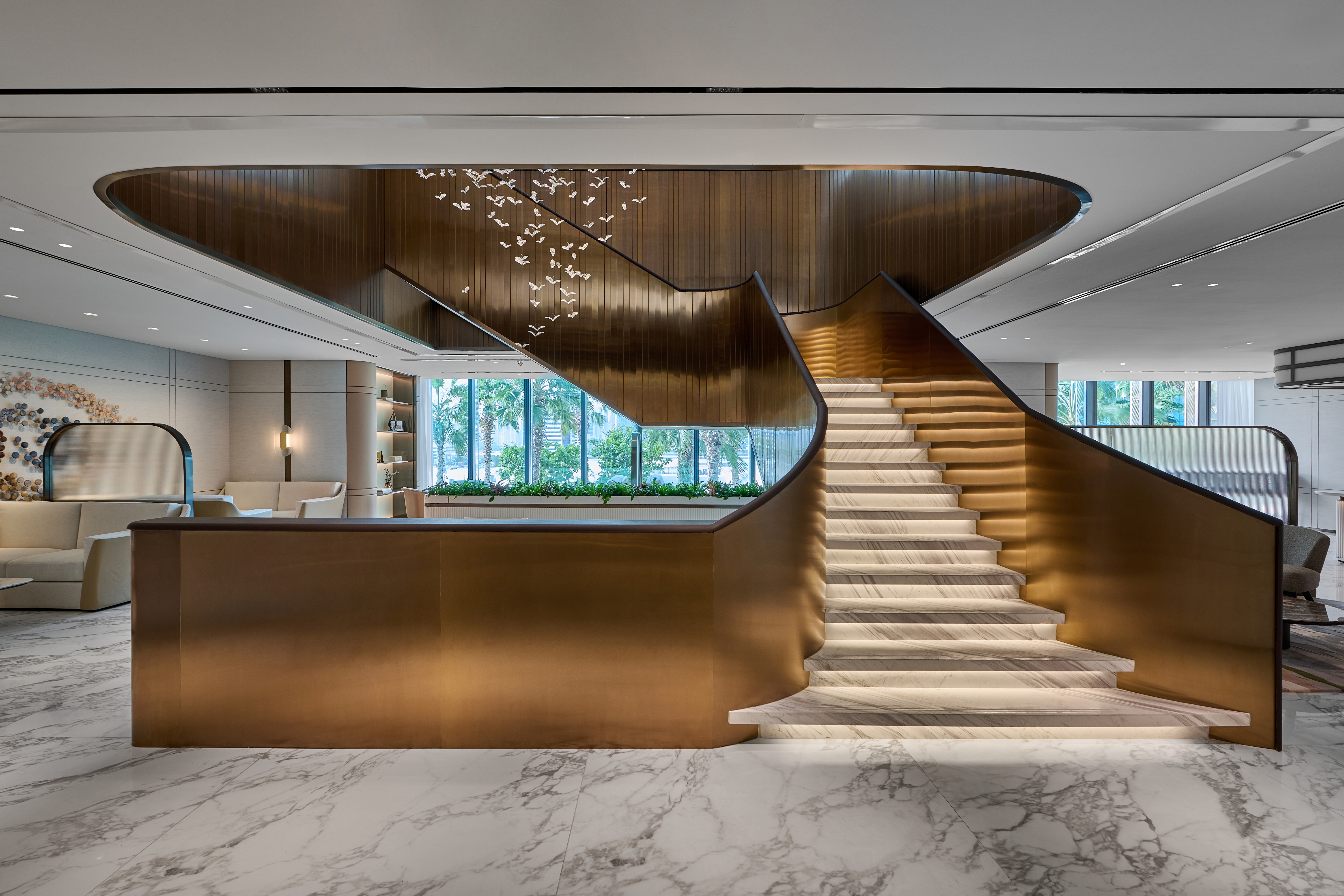 One Offices Dubai workplace interior featuring bespoke architectural staircase lighting design by LEDFlex