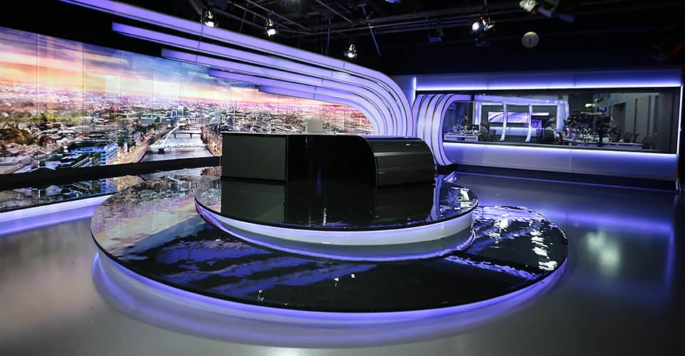 3News Dublin television studio featuring dynamic LED lighting design for broadcast environments