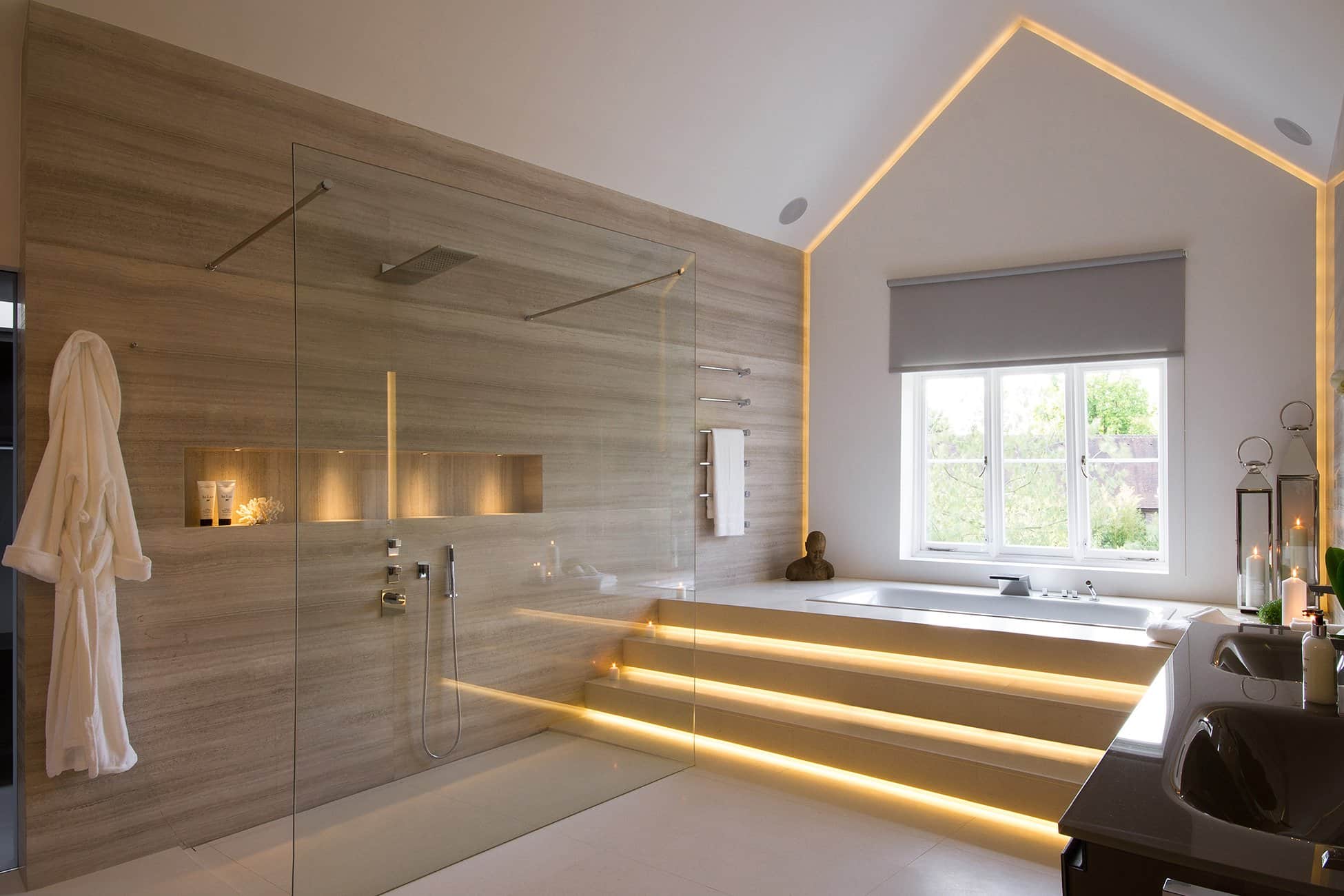 LED strip lighting integrated in luxury bathroom interior at Wildwood Lodge residential project in London